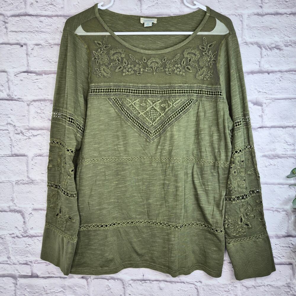 Sundance Catalog Olive Green Embroidered Lace Inset Top Blouse XL Boho Prairie